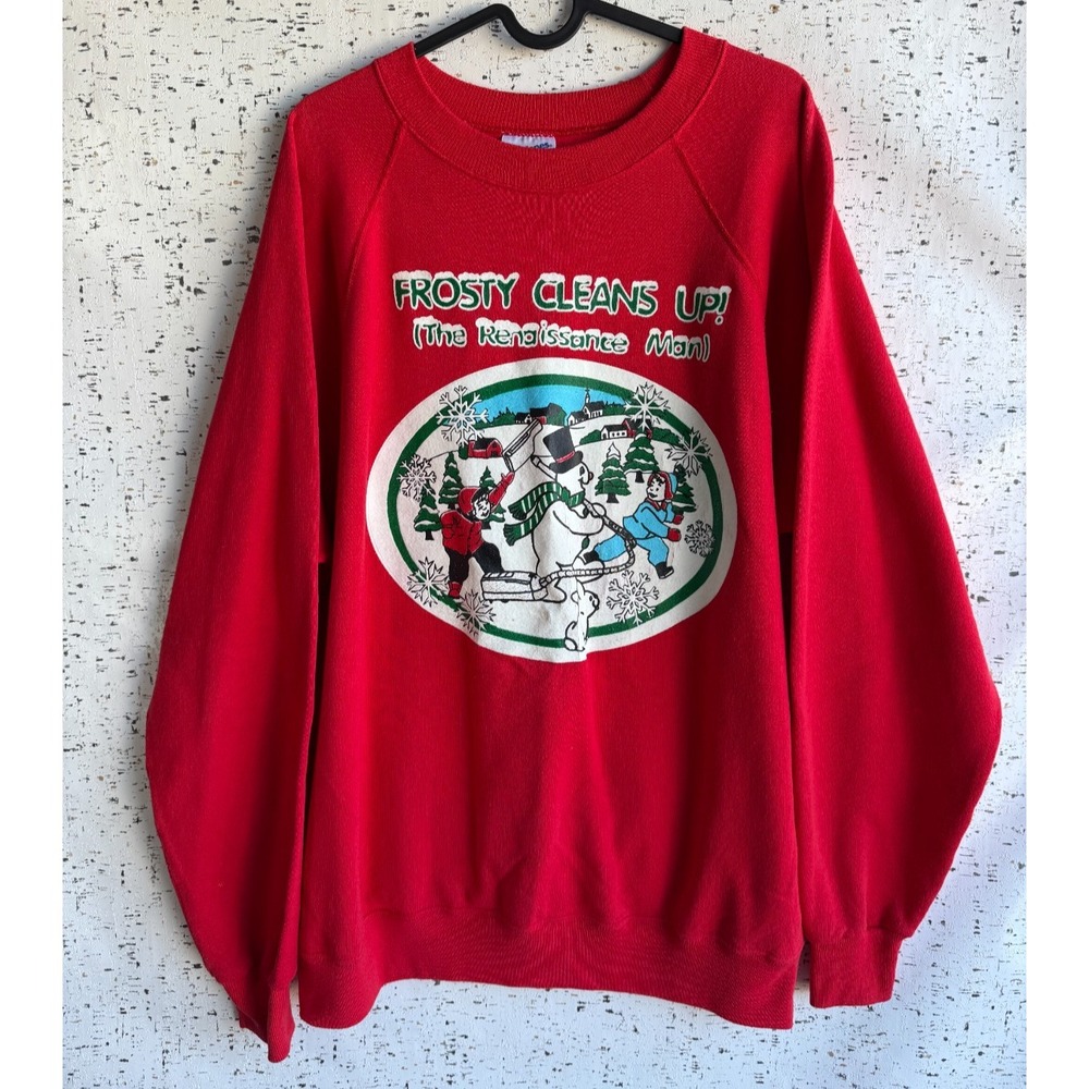 VTG Mens Sz‎ XL Frosty the Snowman 'FROSTY CLEANS UP' Red Pullover